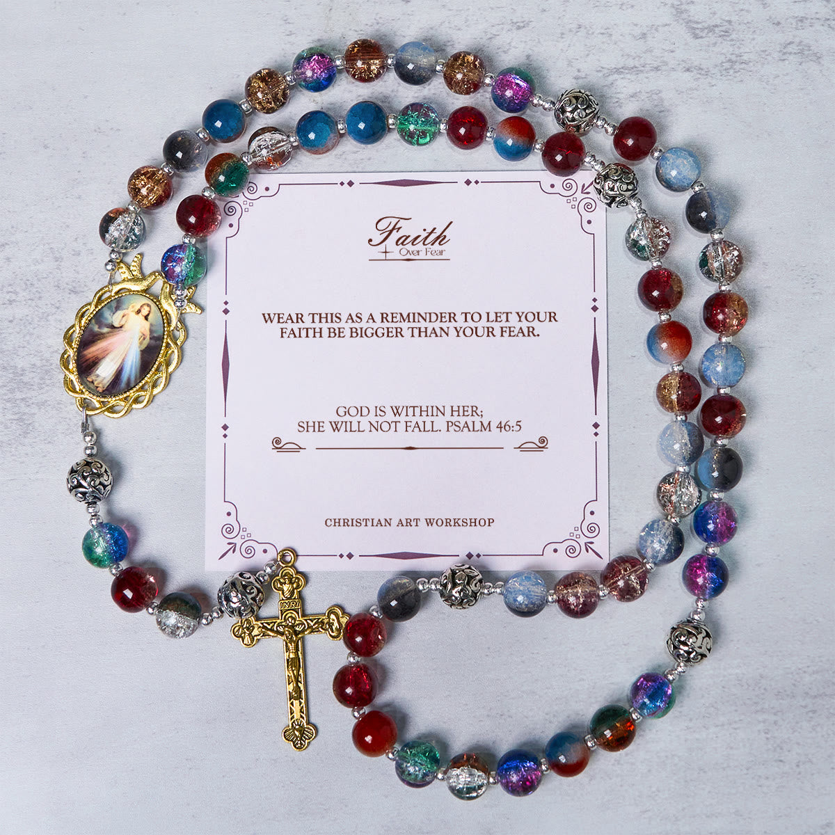 PRAYERFUL FAITH: Handmade Gradient Multicolor Glass Bead & Brass Crucifix Rosary with Gift Card