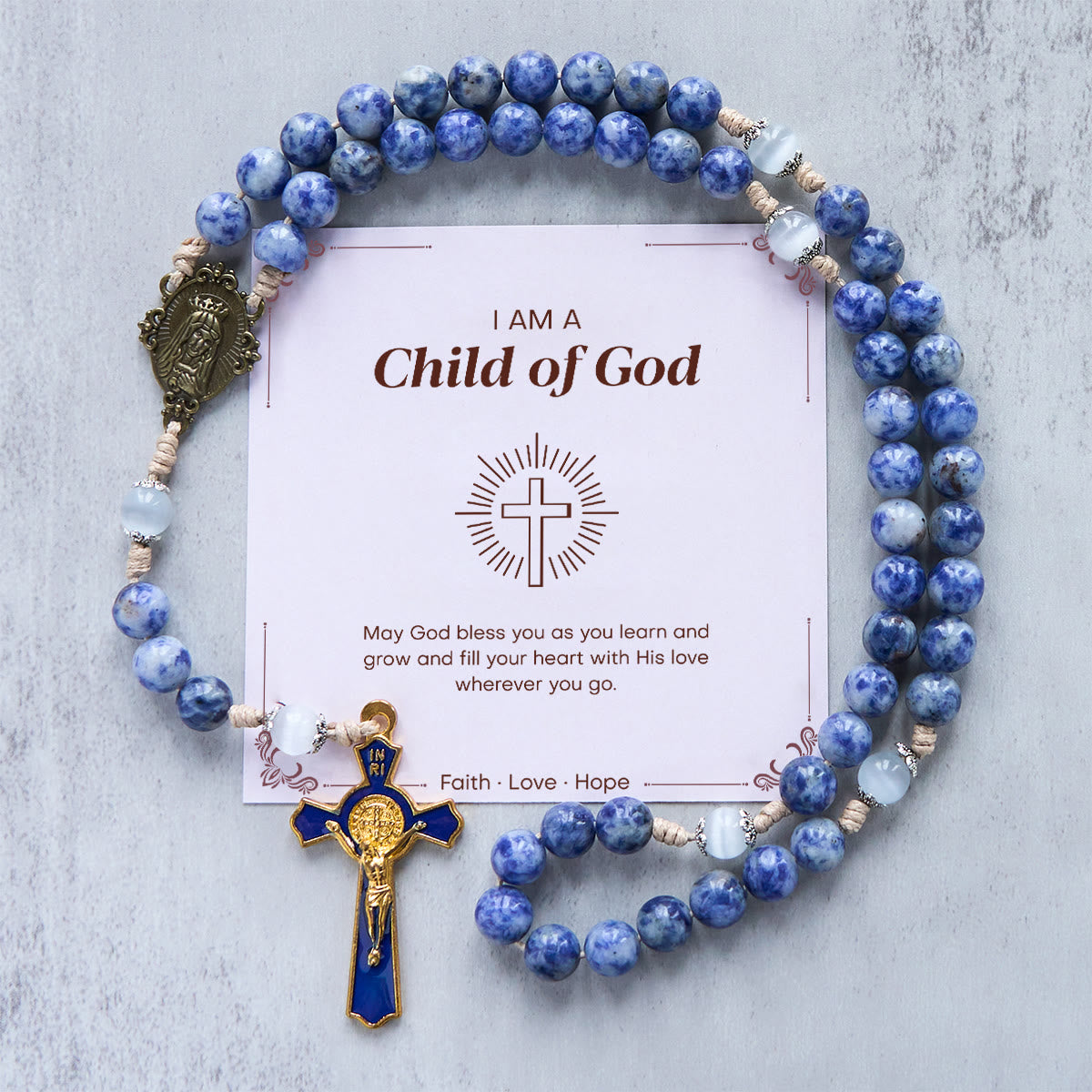 PRAYERFUL FAITH: Round Blue Stone Nylon Cord Rosary with Gift Card