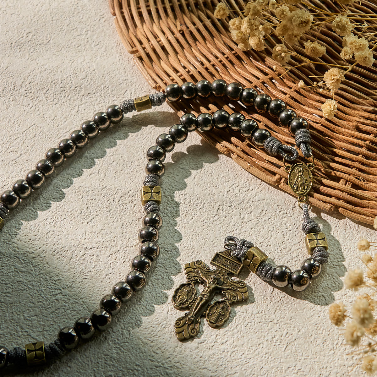Miraculous Medal & Crucifix of 8 mm Round Silver Black Gallstone Nylon Cord Rosary