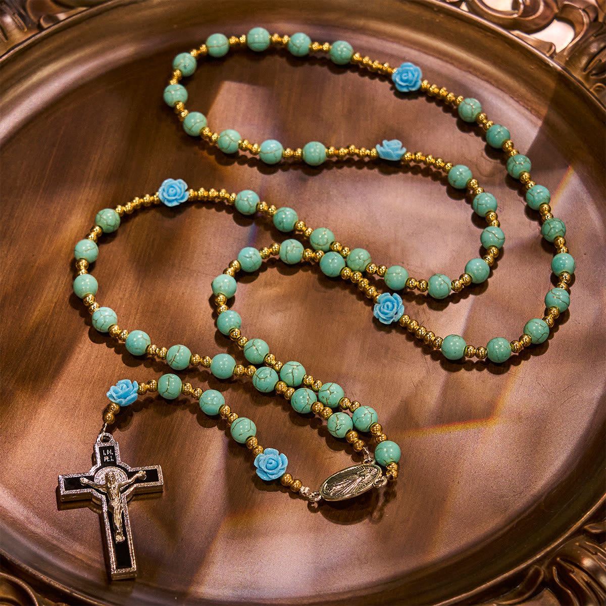 Elegant Red & Blue Rose Rosary with Turquoise Beads: Blessed by Our Lady and St. Benedict
