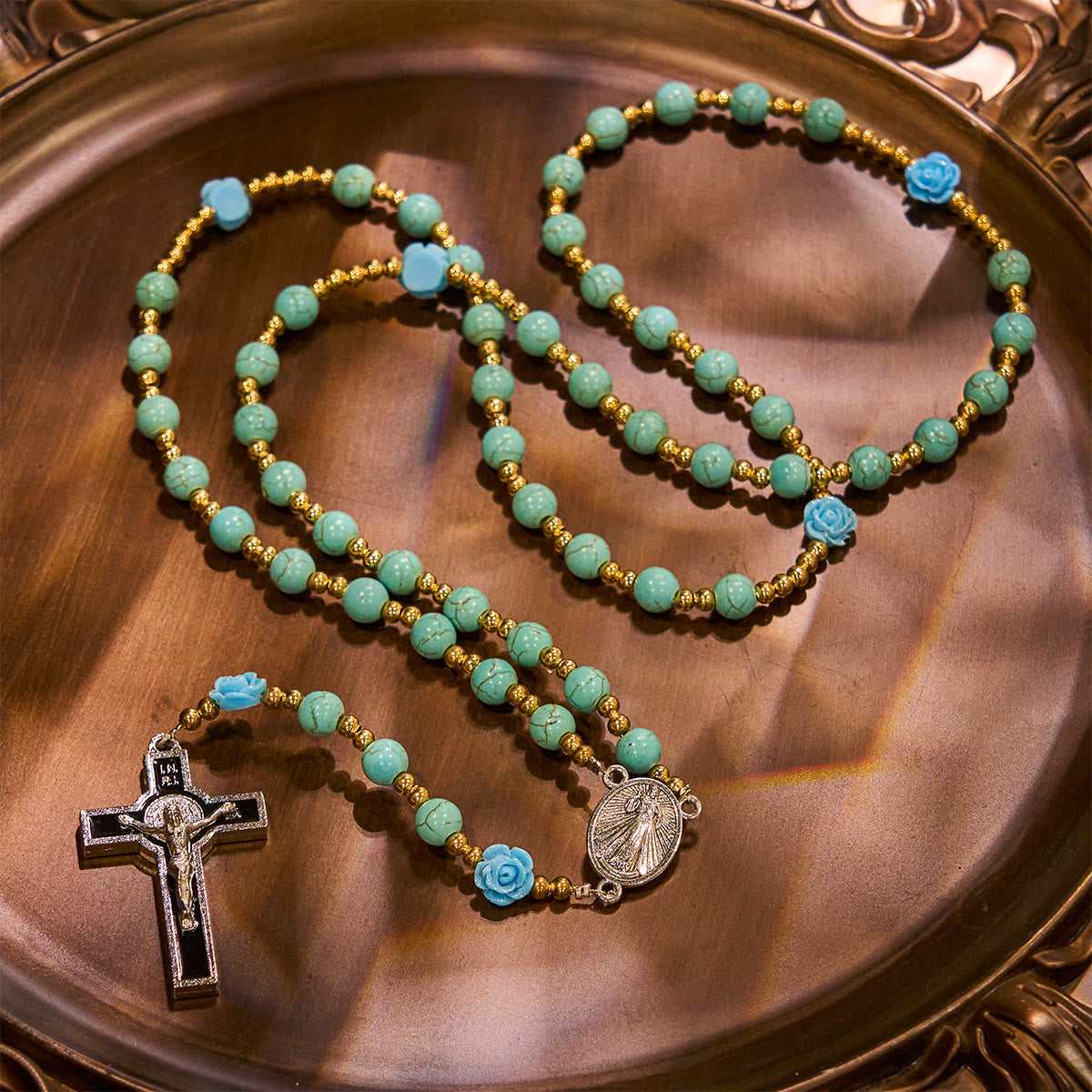 Elegant Red & Blue Rose Rosary with Turquoise Beads: Blessed by Our Lady and St. Benedict