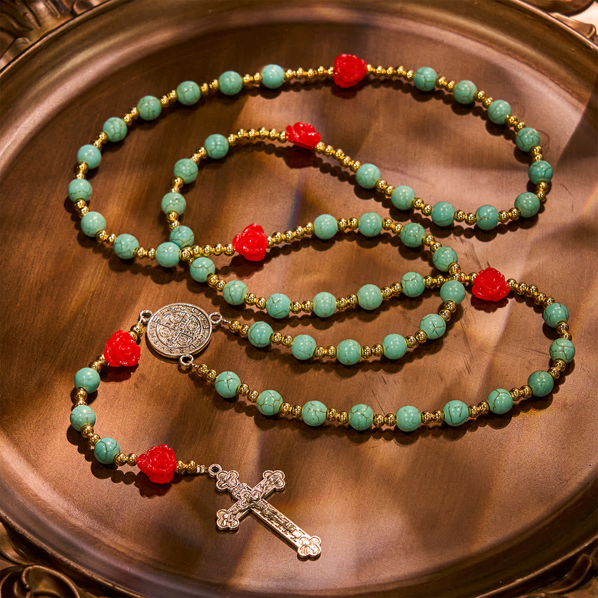 Elegant Red & Blue Rose Rosary with Turquoise Beads: Blessed by Our Lady and St. Benedict