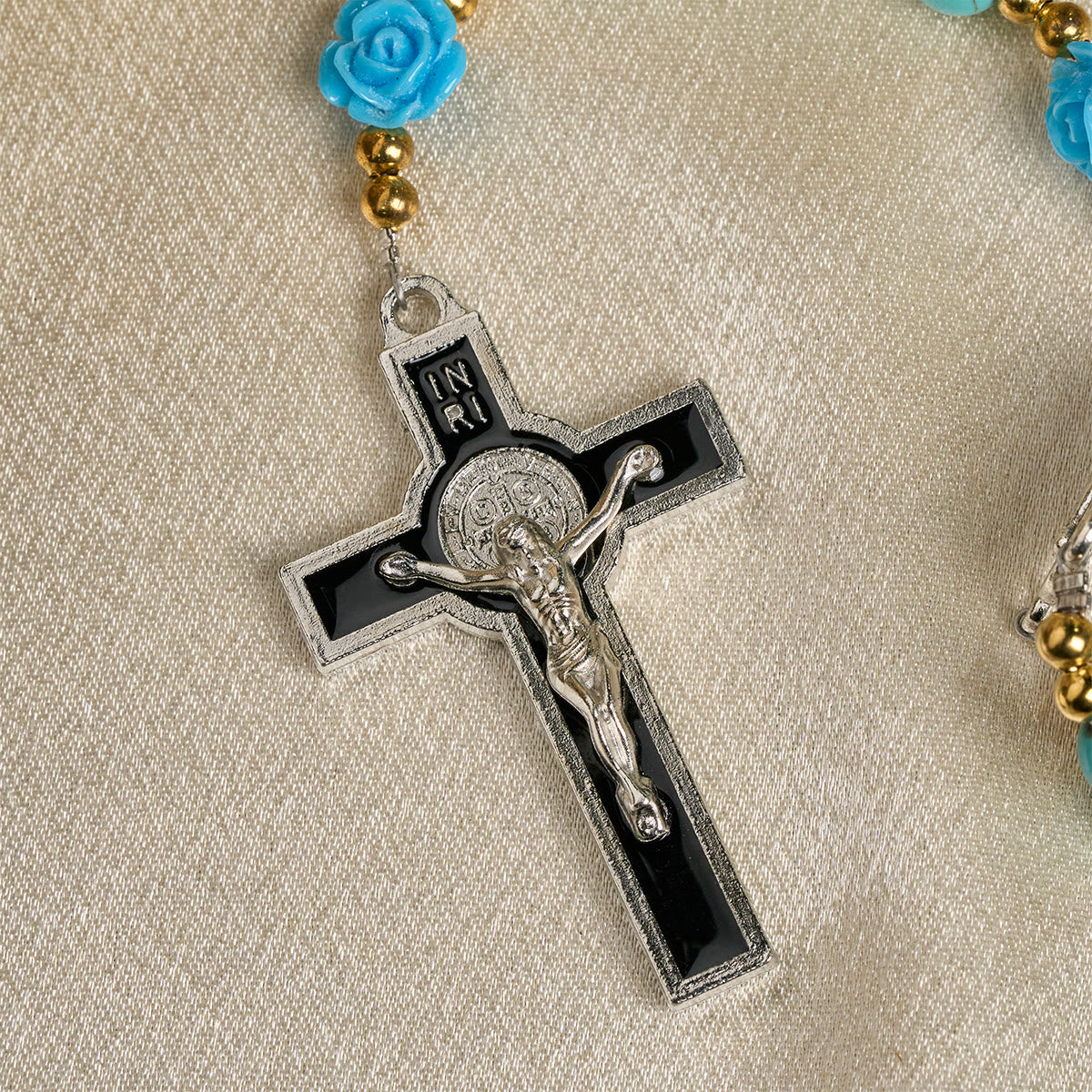 Elegant Red & Blue Rose Rosary with Turquoise Beads: Blessed by Our Lady and St. Benedict
