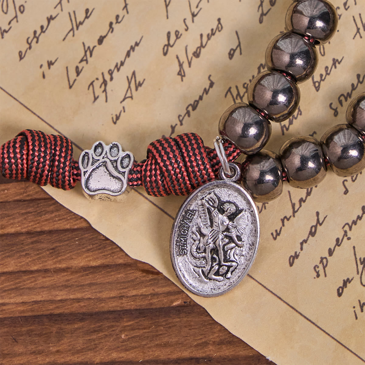 Rugged Bronze-Tone Beads Paracord Rosary with Paw Charms & St. Michael