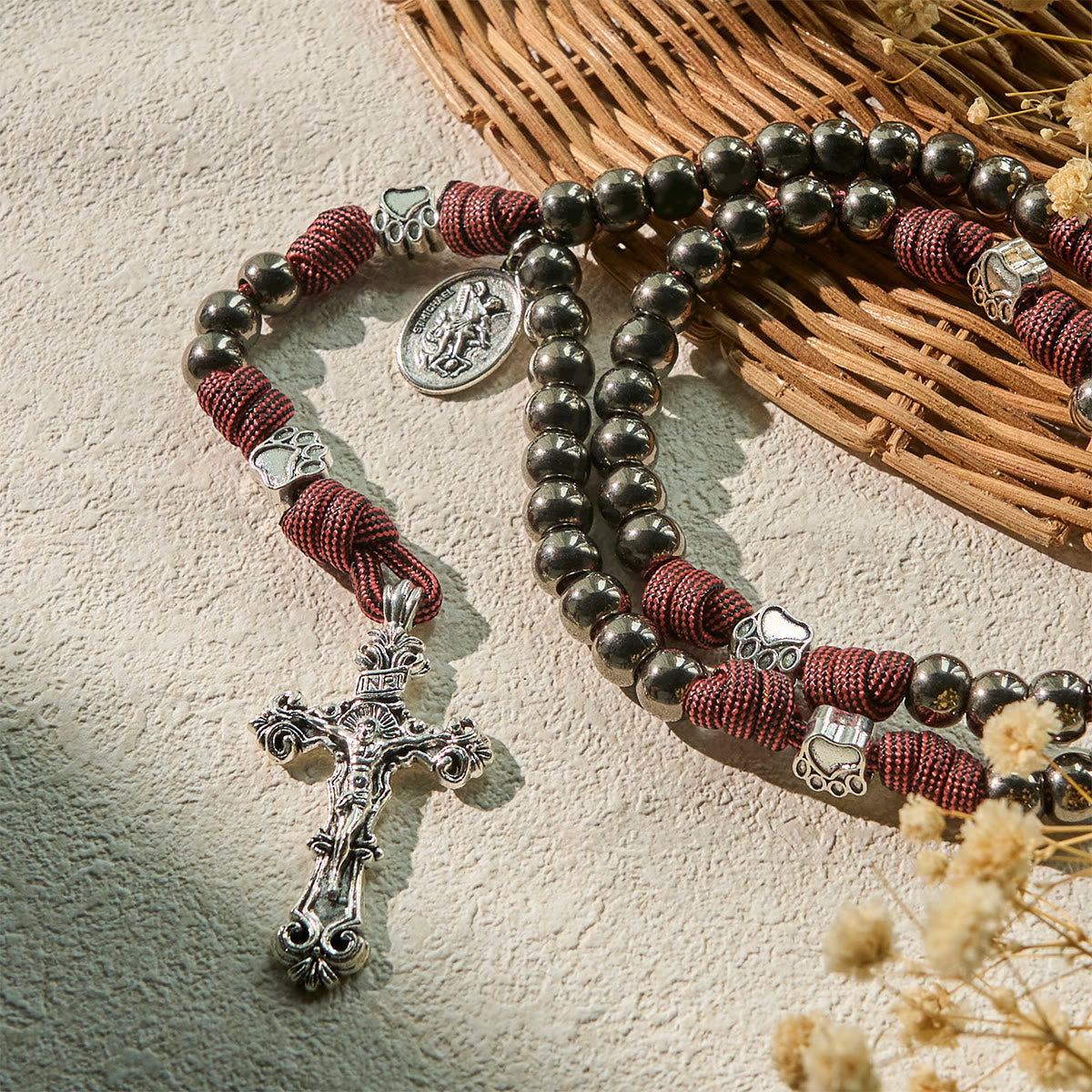 Rugged Bronze-Tone Beads Paracord Rosary with Paw Charms & St. Michael