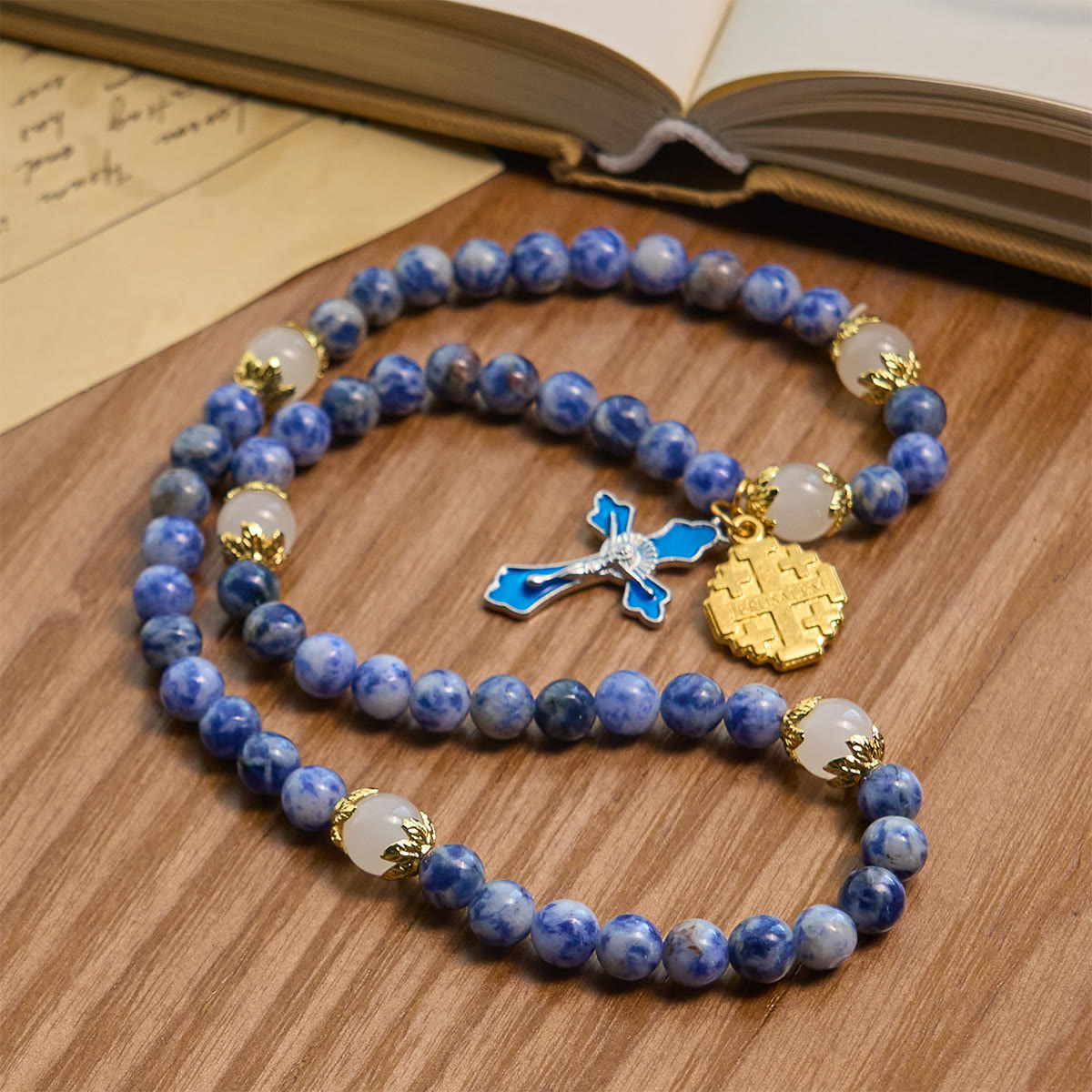 Artisanal Elastic 4mm Blue Stone Rosary Bracelet with Crucifix & Jerusalem Cross