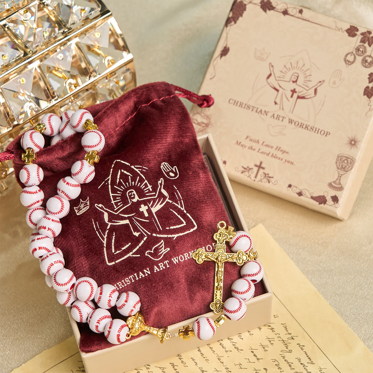 Blessed Miniature Baseball Beads Rosary with Golden Holy Chalice & Crucifix: Merge Faith and Sport