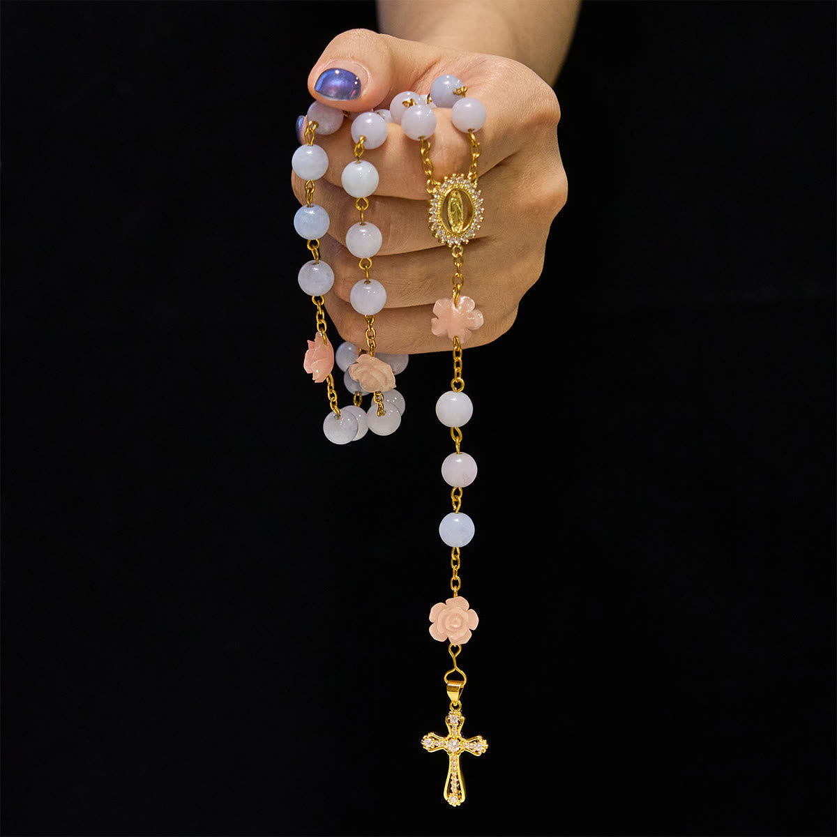 Our Lady of Guadalupe & Crucifix of 8mm Handmade Blue Aquamarine Chalcedony Beads Rosary