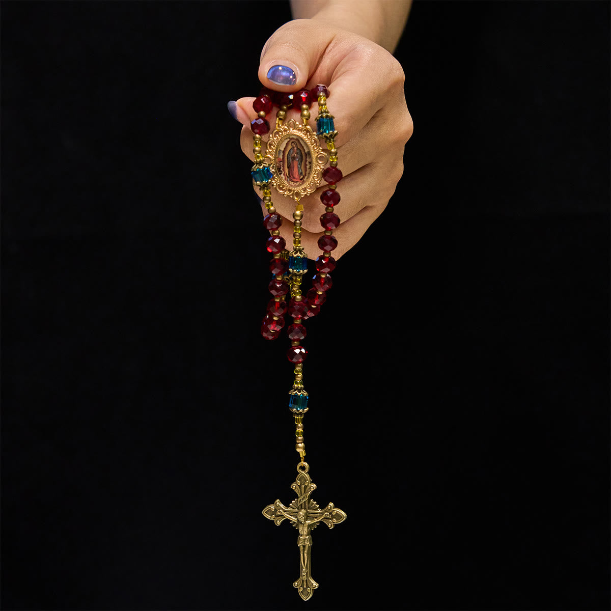 Handmade Red Crystal Bohemian Czech Glass Our Lady of Guadalupe Crucifix Rosary