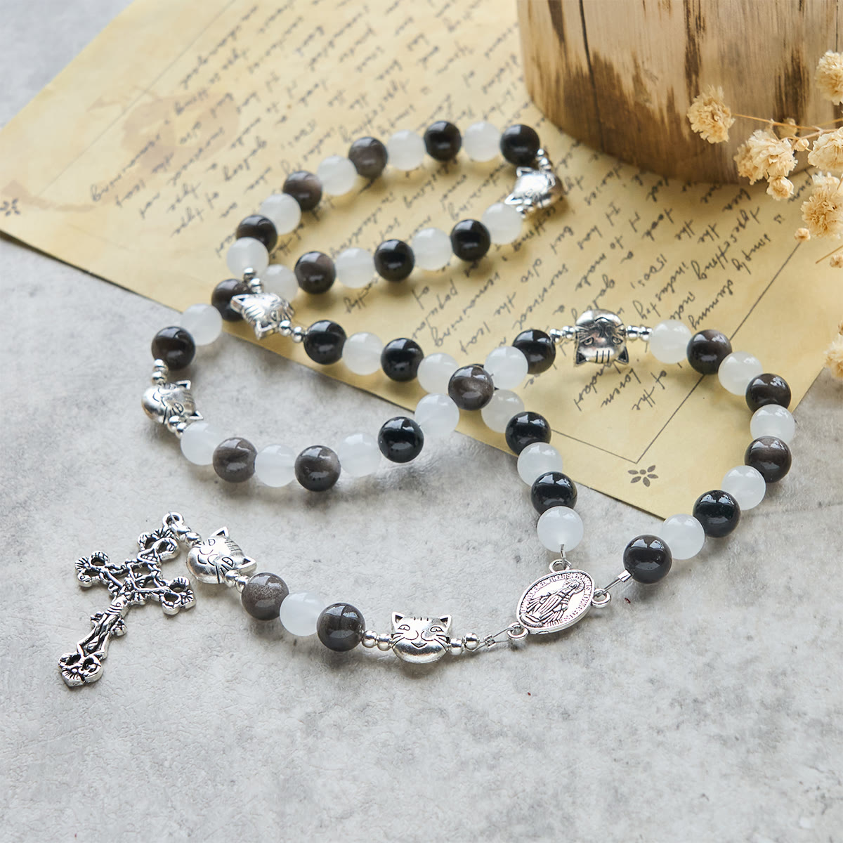 Our Lady's Blessing with Black & White Cow Cat Beads Bracelet, Animal Rosary