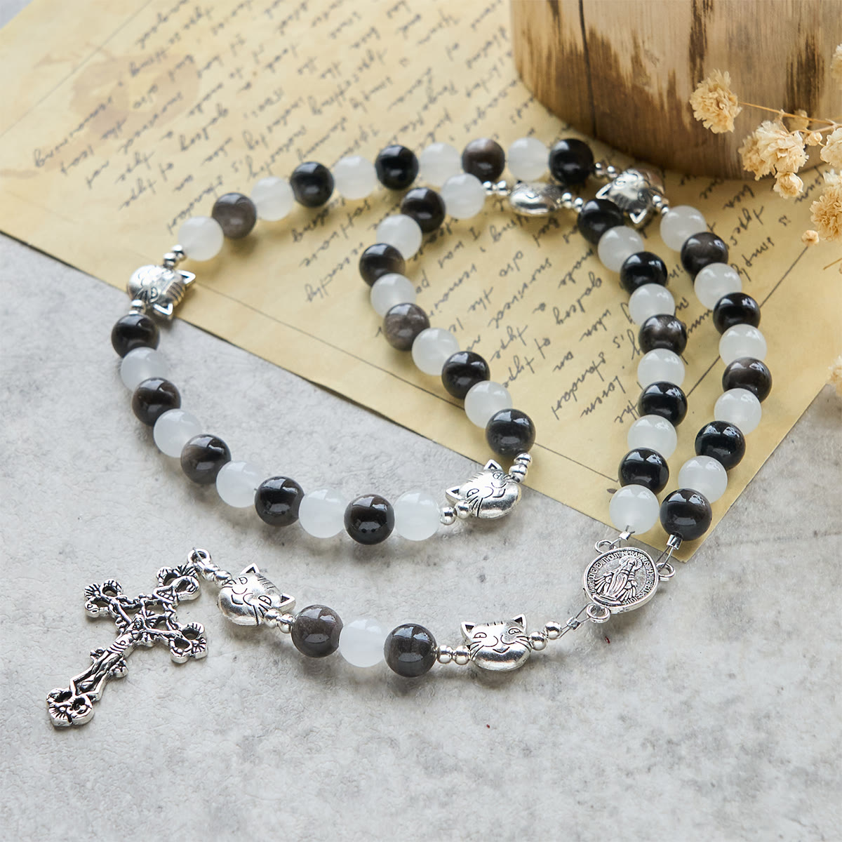 Our Lady's Blessing with Black & White Cow Cat Beads Bracelet, Animal Rosary