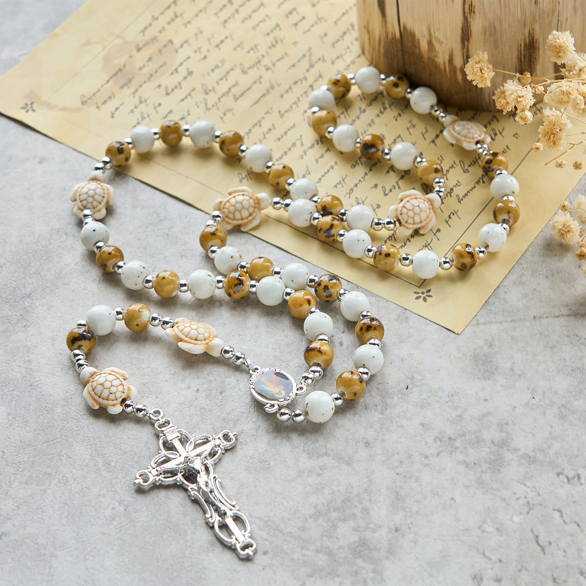 Divine Care Turtle with Warm Yellow Beads and Our Lord's Mercy Animal Rosary