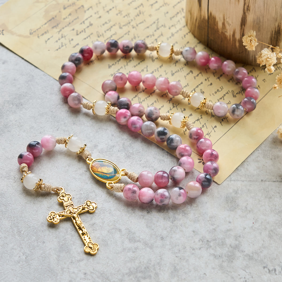 Elegant Persian Pink and Black Jade Beads Rosary with Our Lady's Blessing