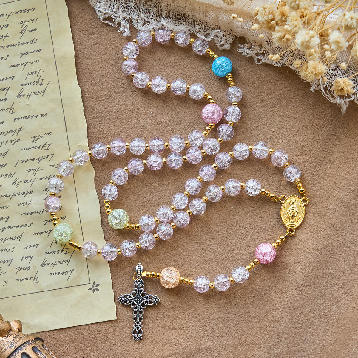 Rainbow Light 8mm Crackle Glass Beads Rosary with Our Lady & Cross