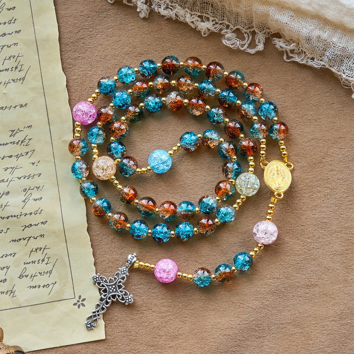 Divine Harmony Radiance Blue-Red Crackle Beads Rosary with Cross of Faith