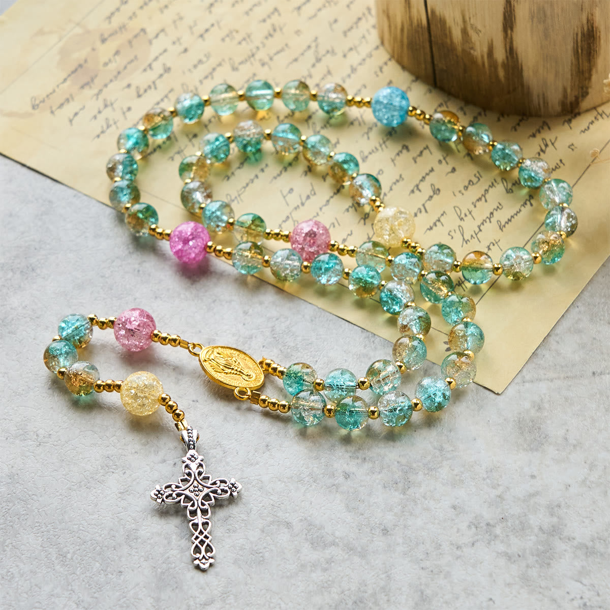 Glittering 8mm Ocean-Inspired Crackle Glass Rosary with Our Lady Medal