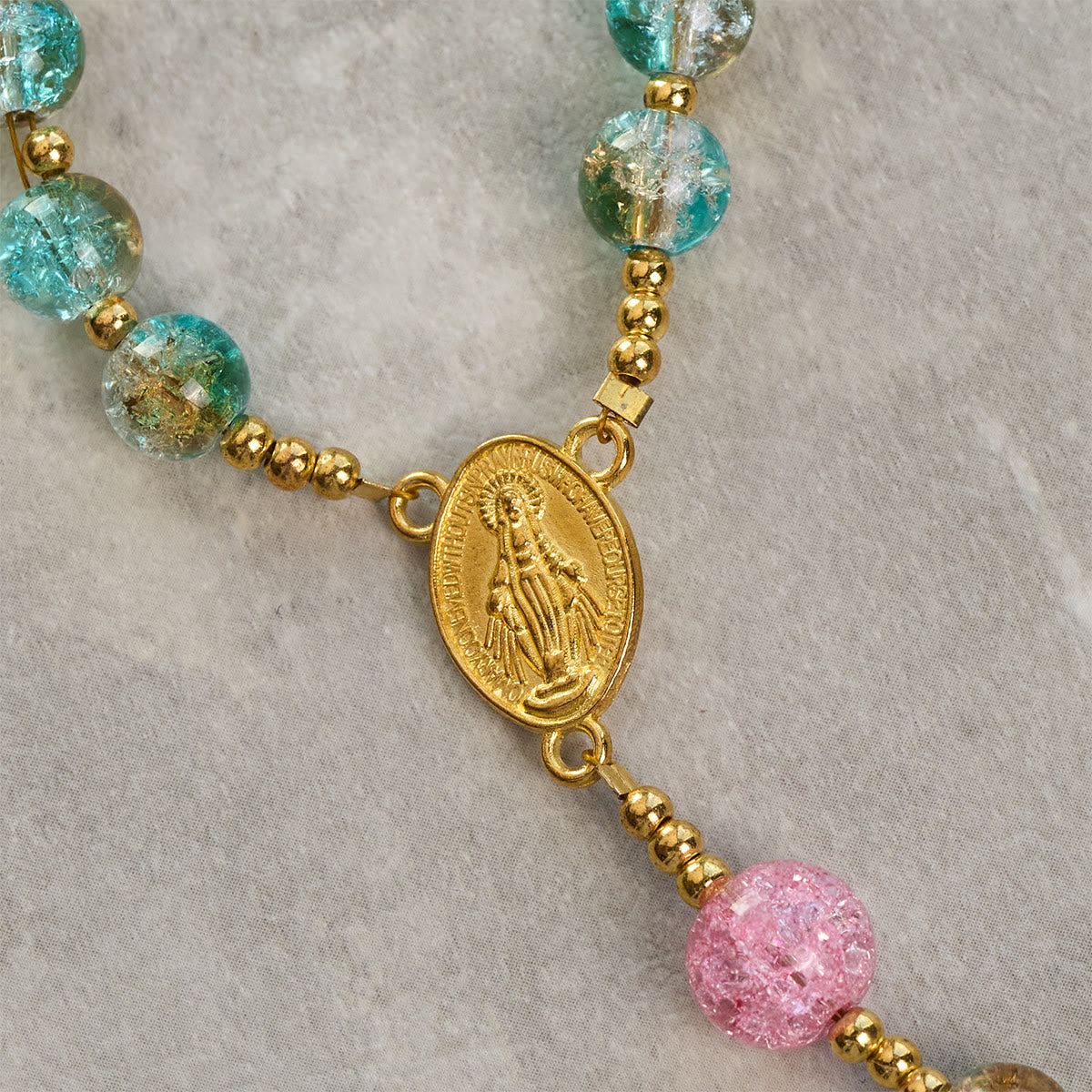 Glittering 8mm Ocean-Inspired Crackle Glass Rosary with Our Lady Medal
