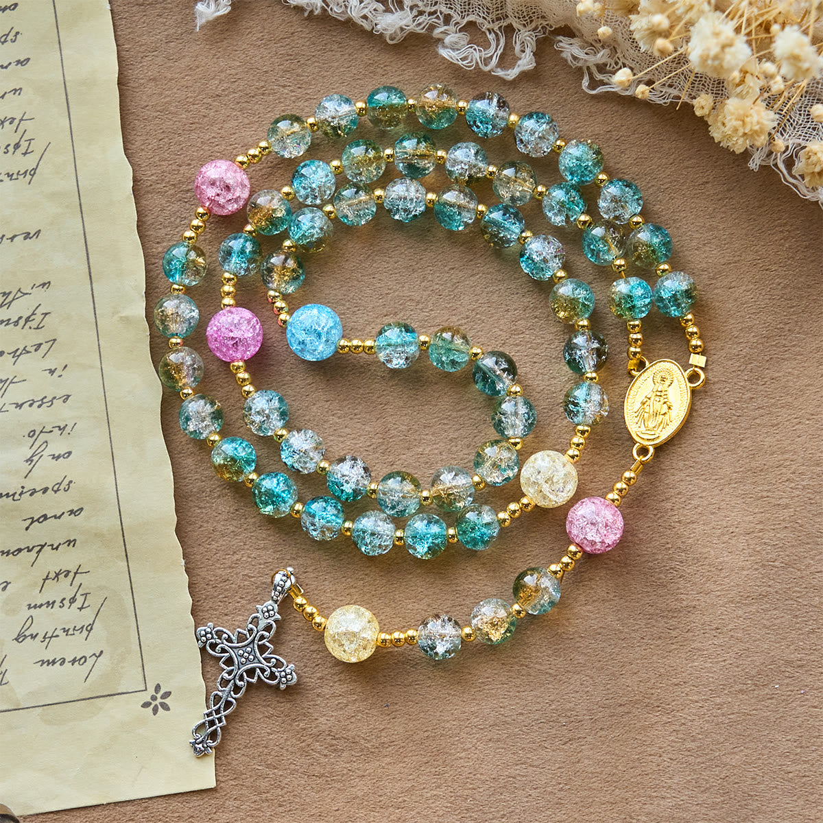 Glittering 8mm Ocean-Inspired Crackle Glass Rosary with Our Lady Medal