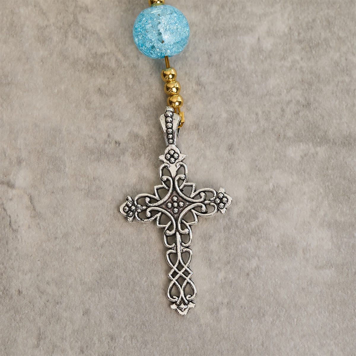 Our Lady's Mercy with Sparkling Pink-Blue Crackle Glass Rosary