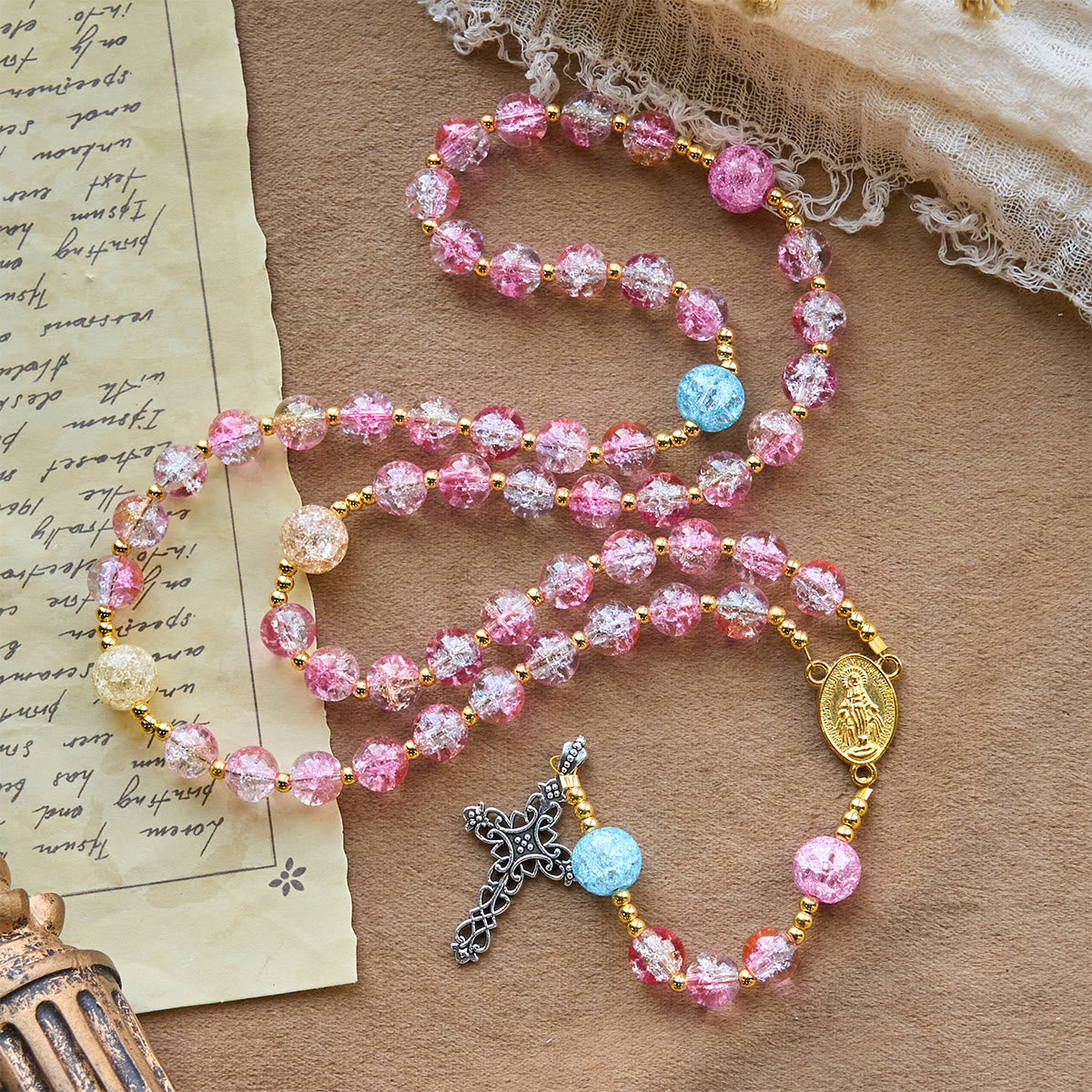 Our Lady's Mercy with Sparkling Pink-Blue Crackle Glass Rosary