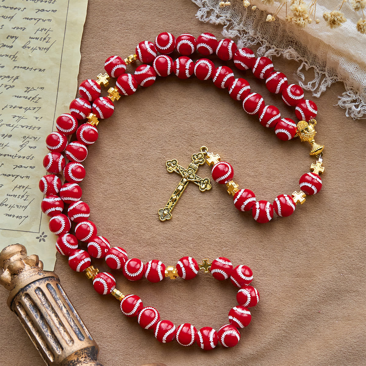 Blessed Miniature Baseball Beads Rosary with Golden Holy Chalice & Crucifix: Merge Faith and Sport