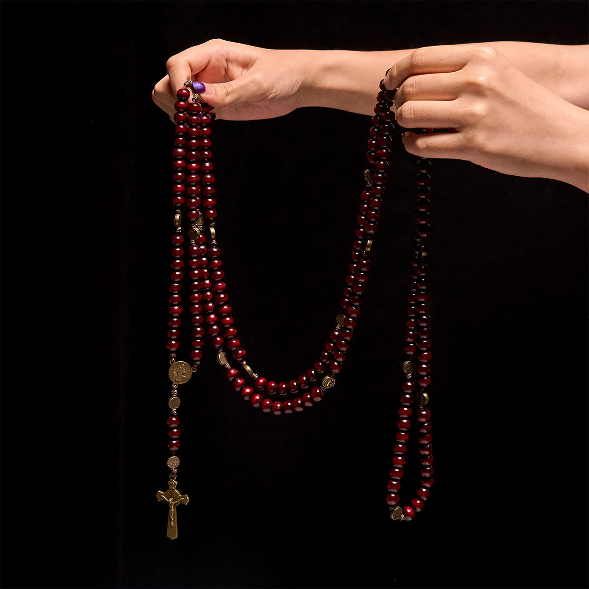 15/20 Decade Olive Wood Rosary with St. Benedict, Crucifix & Waist Chain Design—Divine Devotion in Dual Use