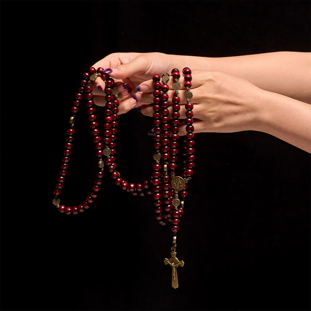 15/20 Decade Olive Wood Rosary with St. Benedict, Crucifix & Waist Chain Design—Divine Devotion in Dual Use