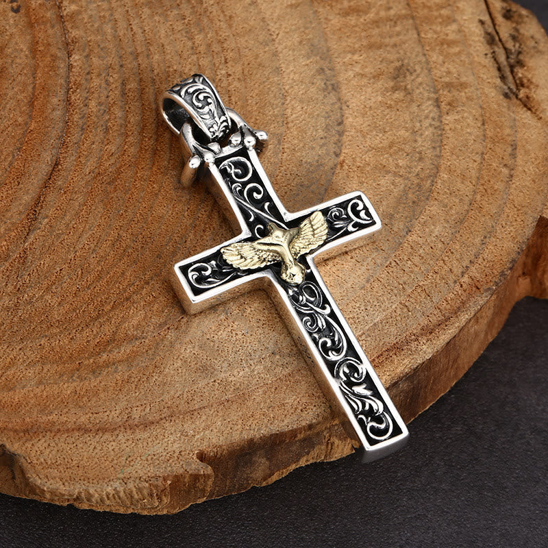 Intricate Sterling Silver Cross Necklace with Golden Dove: An Exquisite Blend of Detail and Devotion