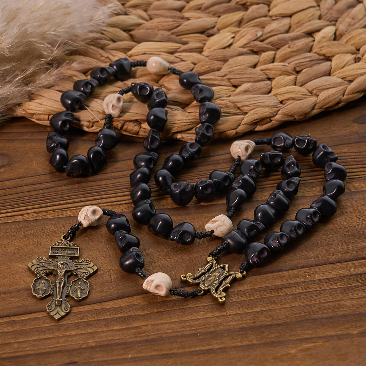 Light Over Darkness - Pardon Crucifix of Mercy with Black Skull Beads Prayer Rosary