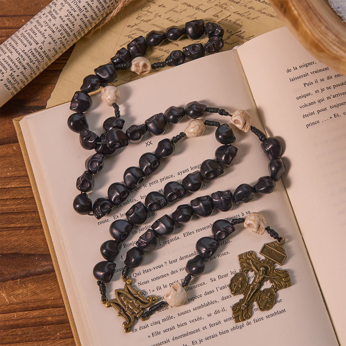 Light Over Darkness - Pardon Crucifix of Mercy with Black Skull Beads Prayer Rosary