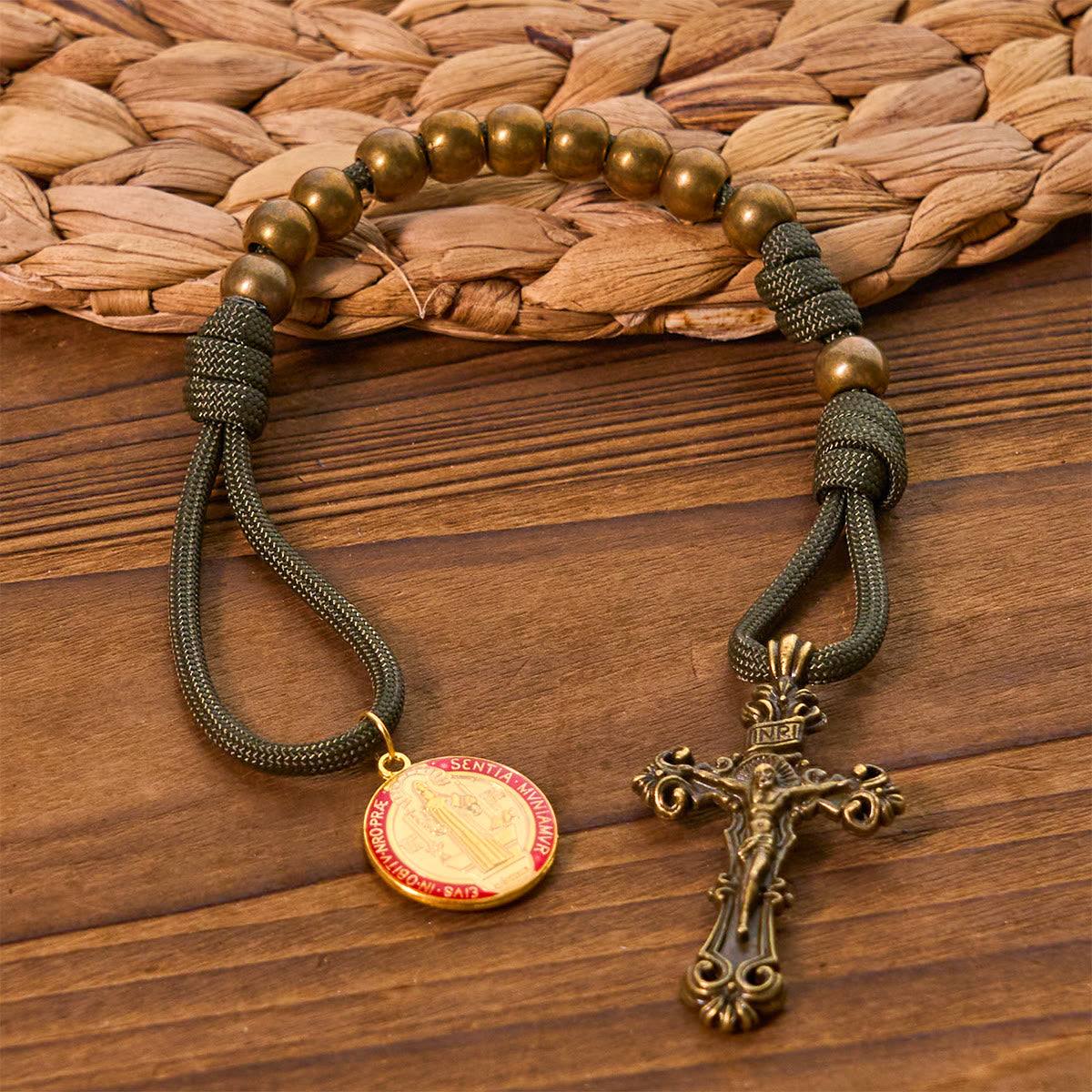 St. Benedict Protection All-Place Portable Bronze Beads Nylon Cord Pocket Rosary