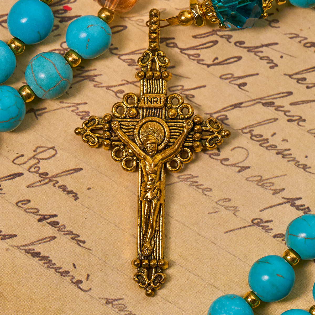 Classic Turquoise Bead & Golden Alloy Rosary with Crucifix & Miraculous Medal