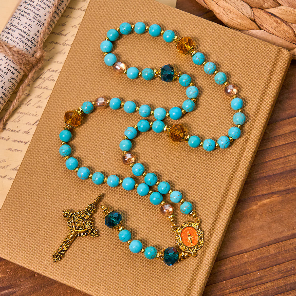 Classic Turquoise Bead & Golden Alloy Rosary with Crucifix & Miraculous Medal