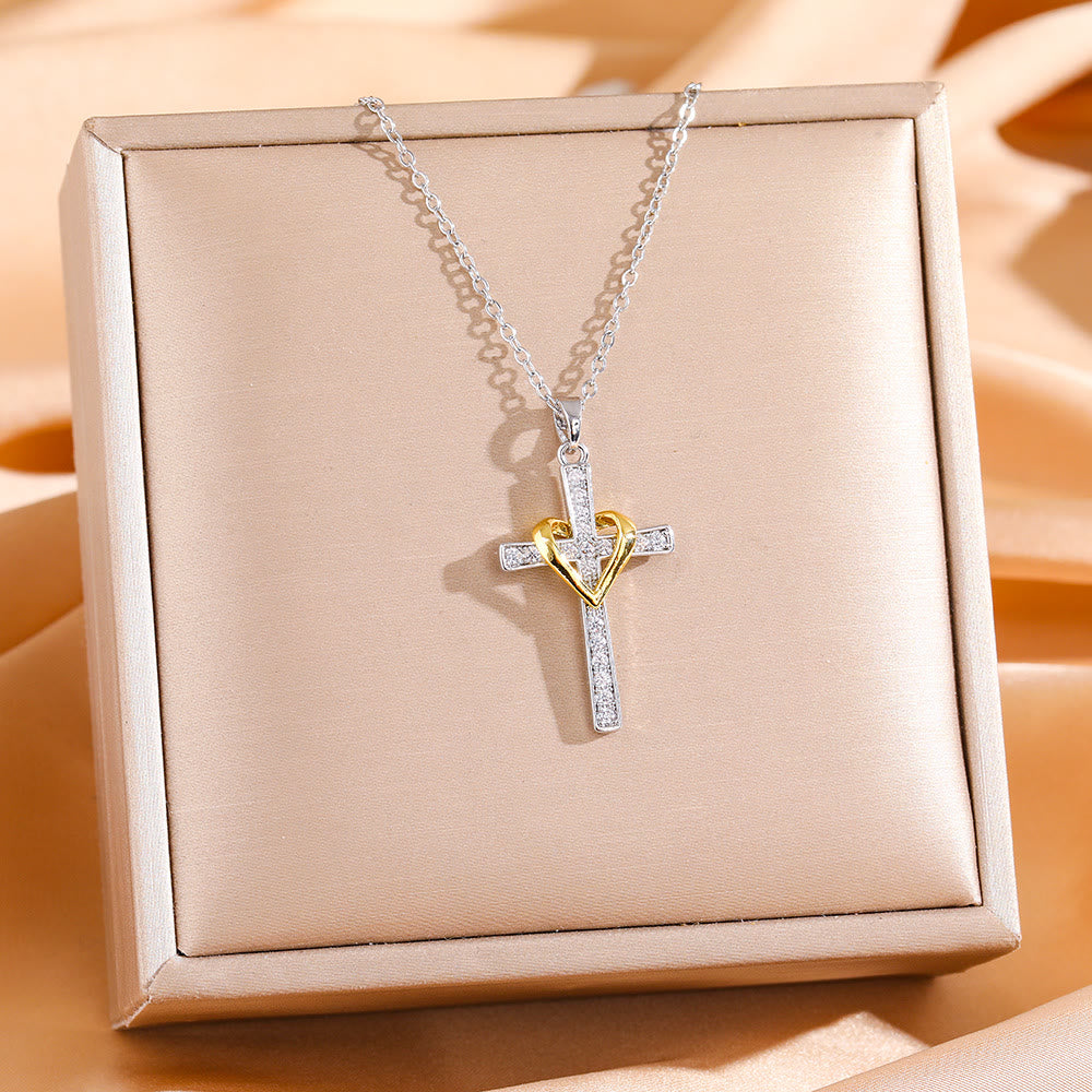 Dual - Tone Heart & Cross Necklace with Zircons: Fusion of Love and Faith