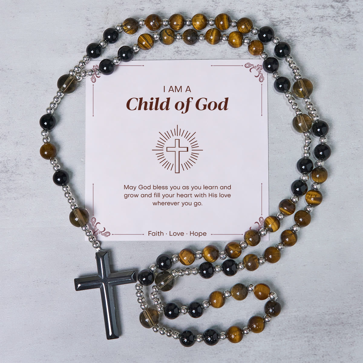 PRAYERFUL FAITH: Handmade Natural Obsidian Tiger's Eye Rosary with Gift Card