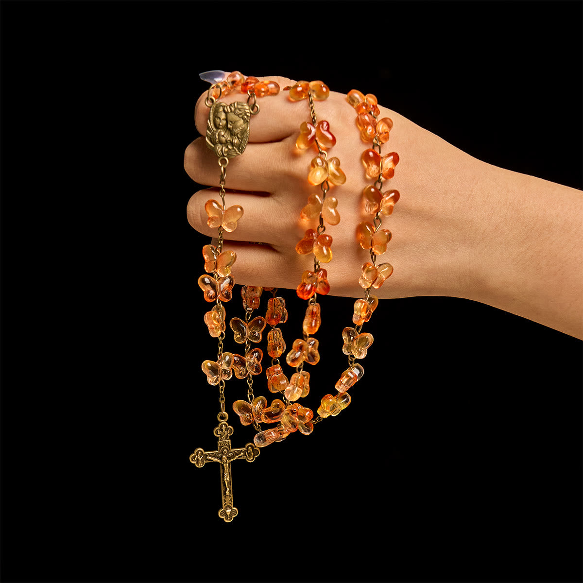 Amber Butterfly Beads with Crucifix & Holy Family Animal Rosary