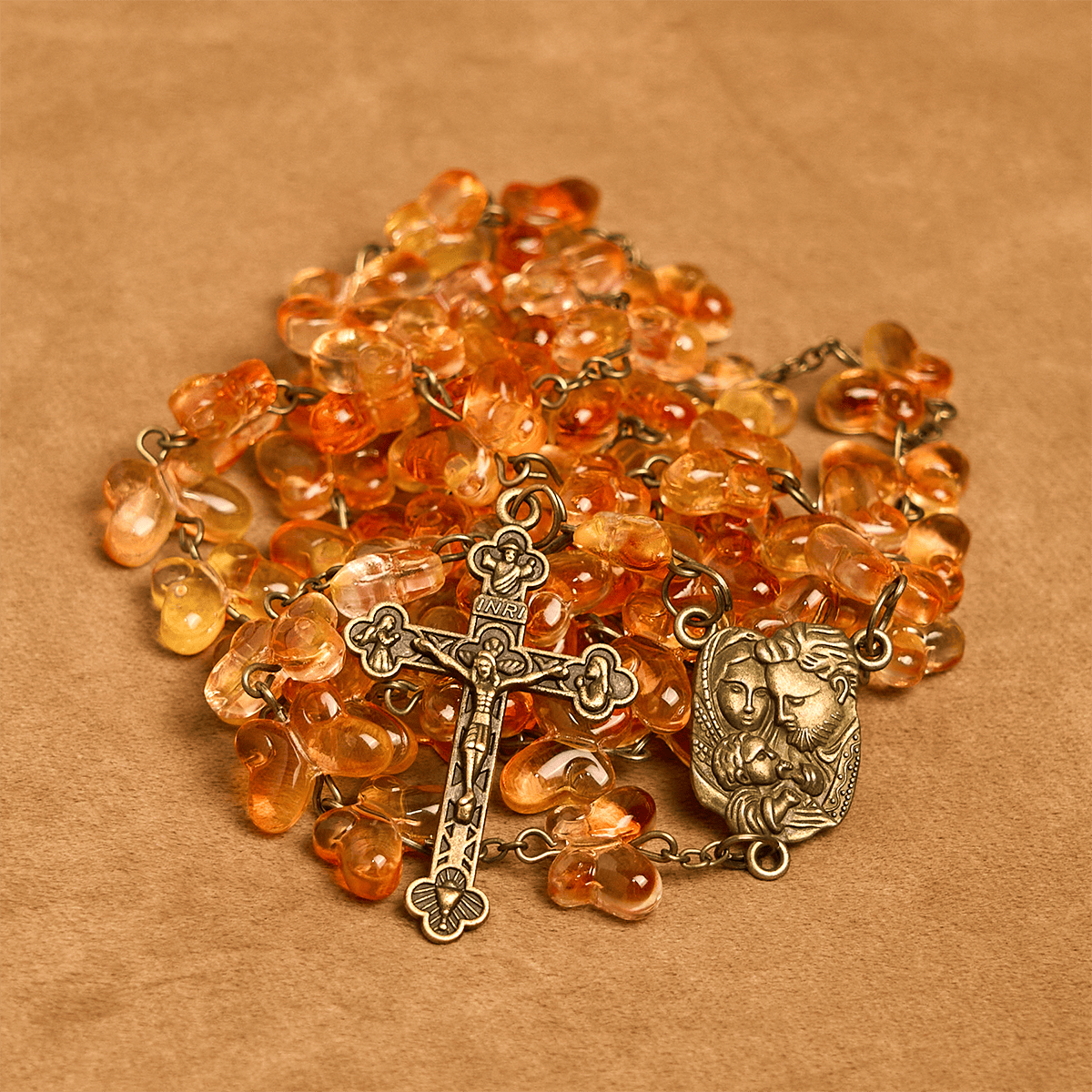 Amber Butterfly Beads with Crucifix & Holy Family Animal Rosary