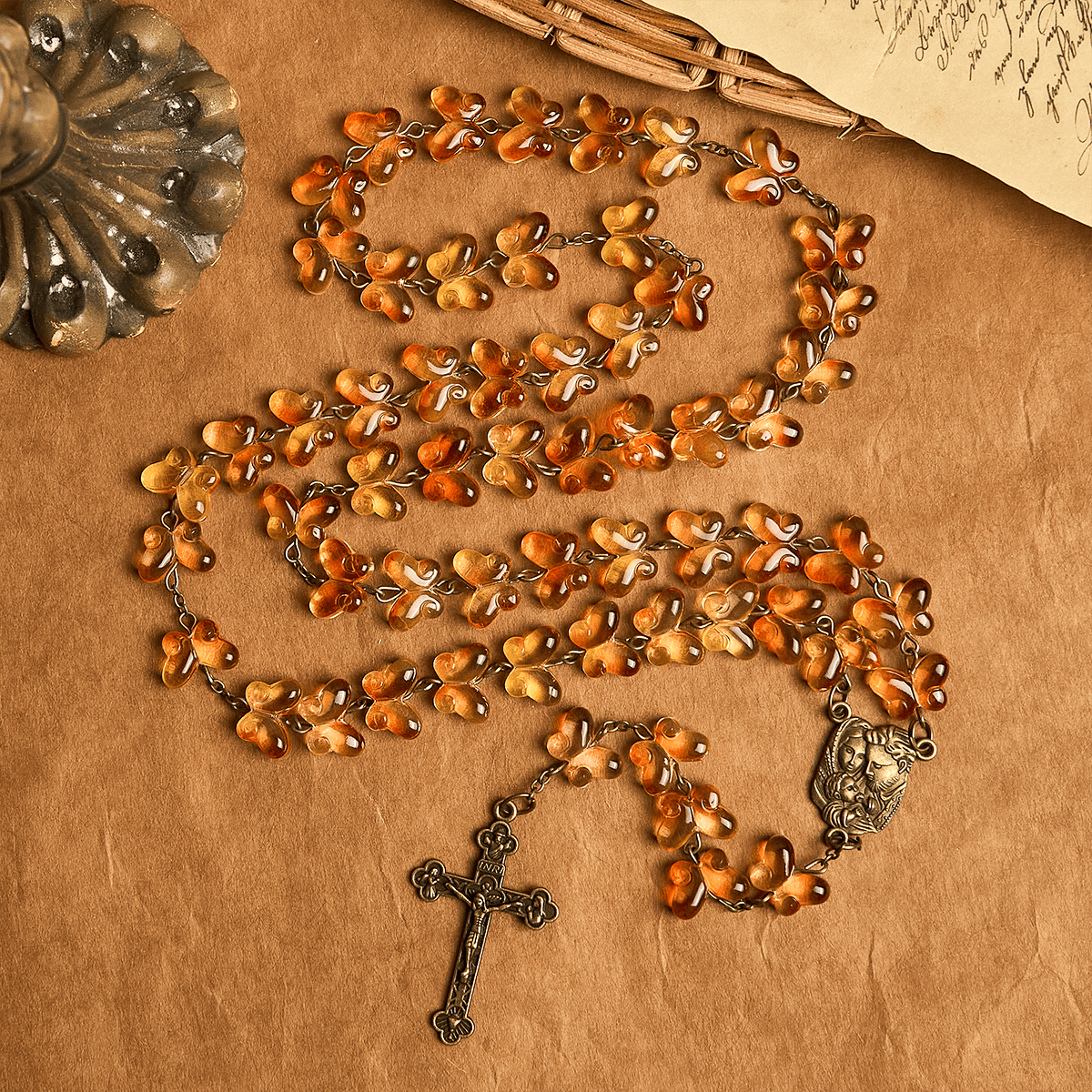 Amber Butterfly Beads with Crucifix & Holy Family Animal Rosary
