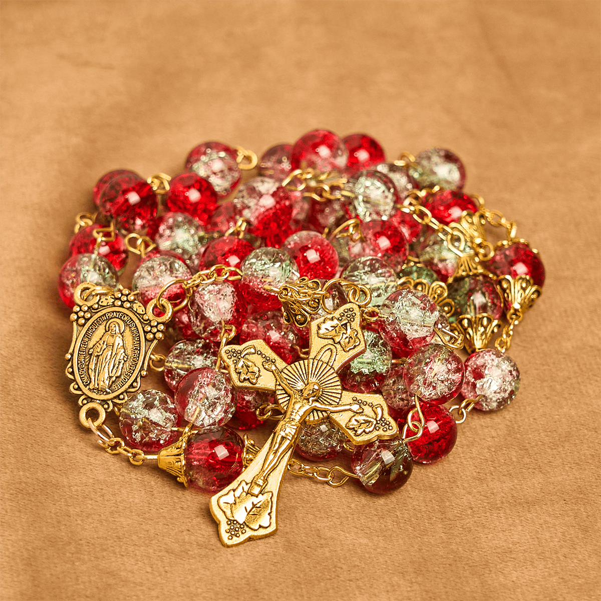 Christmas - Themed Red Bead Rosary with Golden Crucifix & Madonna Medal