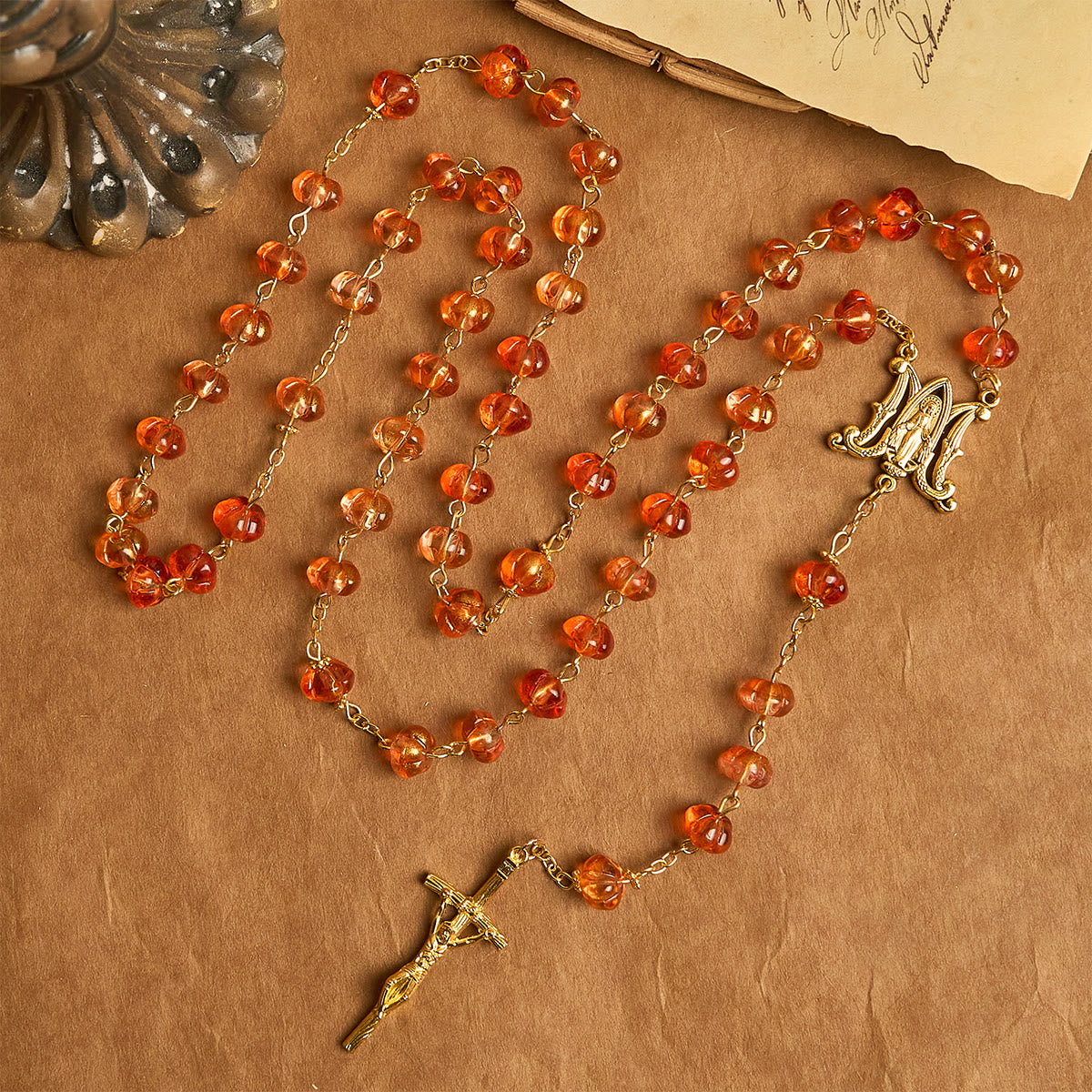 PRAYERFUL FAITH: Sacred Pumpkin Beads Rosary with Miraculous Medal and Cross