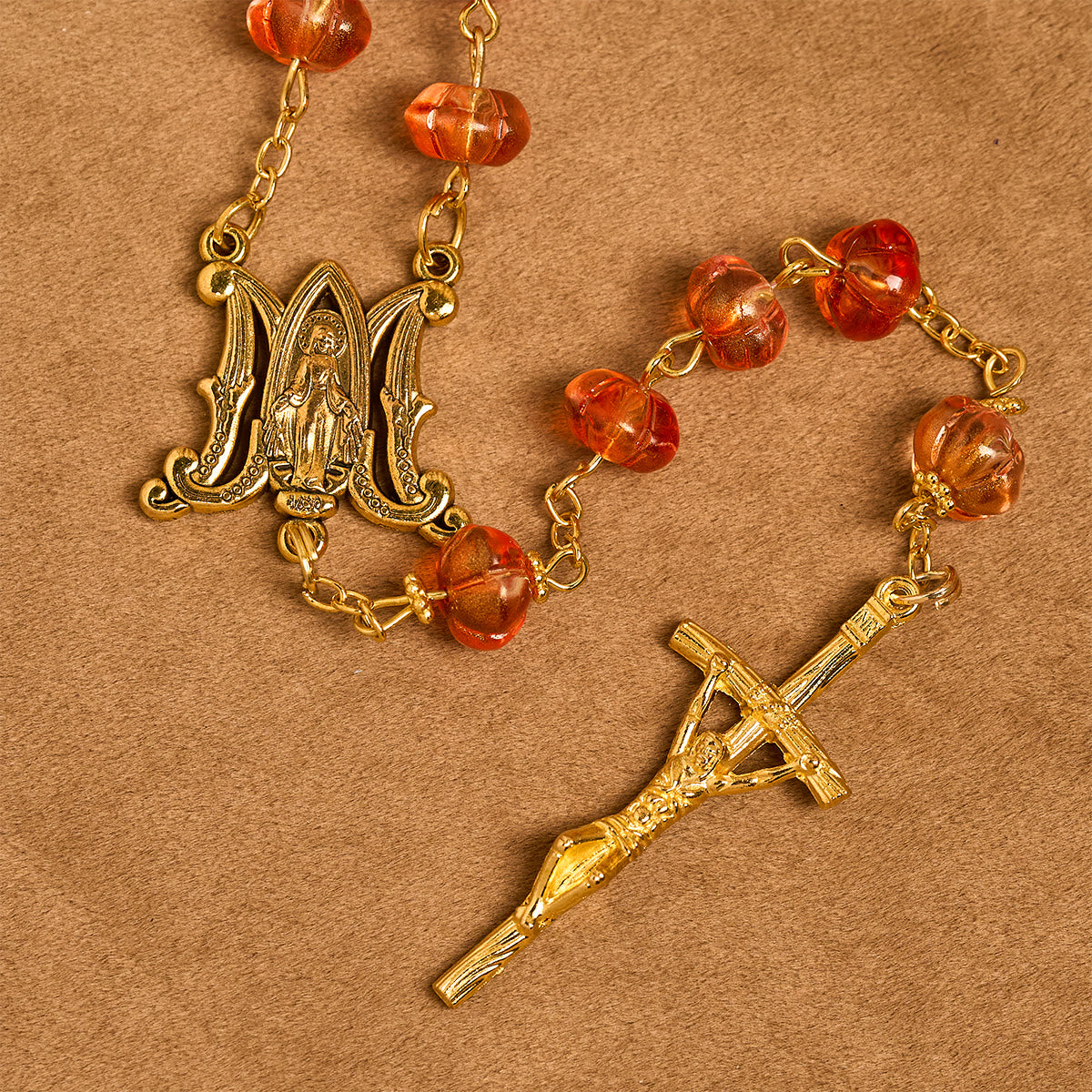 PRAYERFUL FAITH: Sacred Pumpkin Beads Rosary with Miraculous Medal and Cross