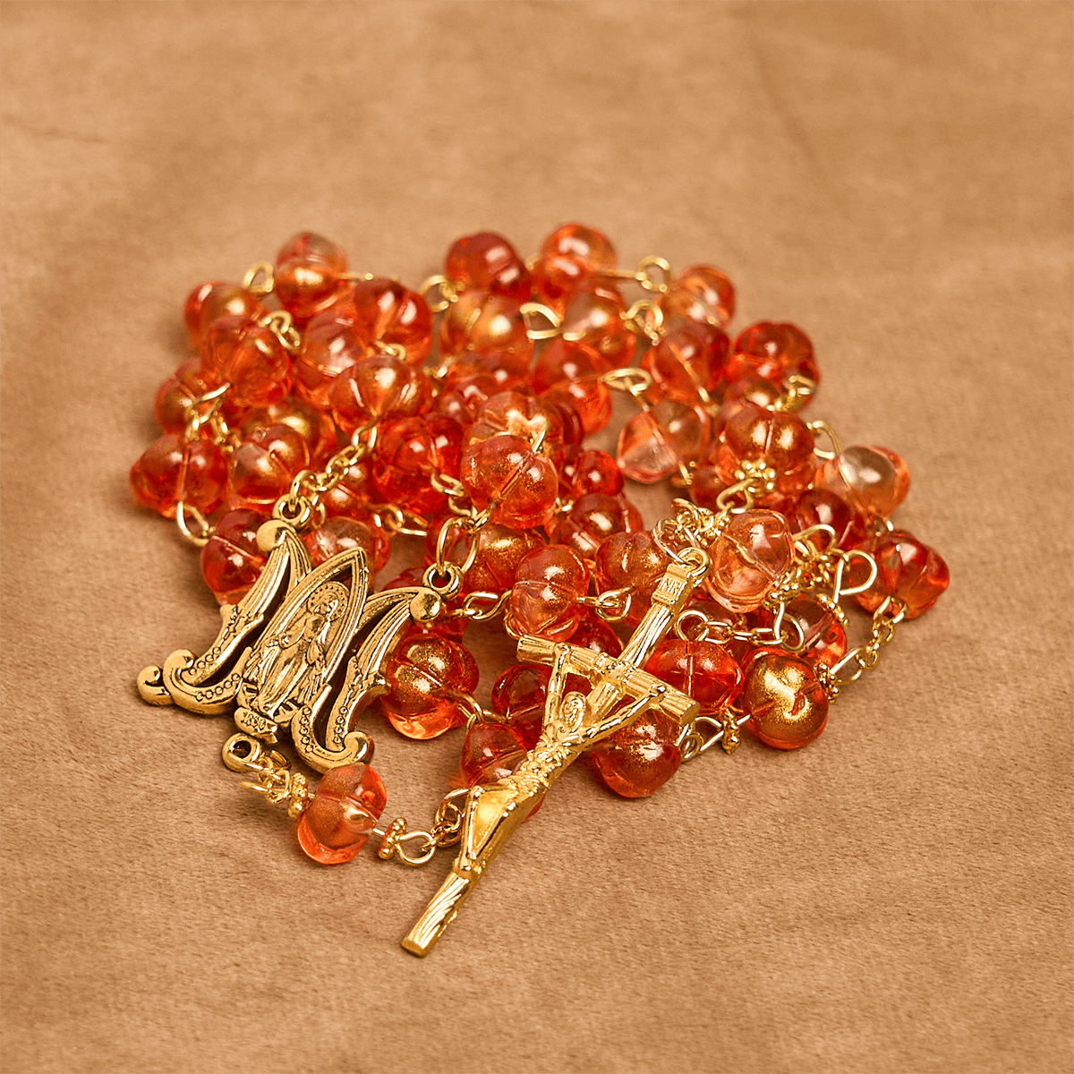 PRAYERFUL FAITH: Sacred Pumpkin Beads Rosary with Miraculous Medal and Cross