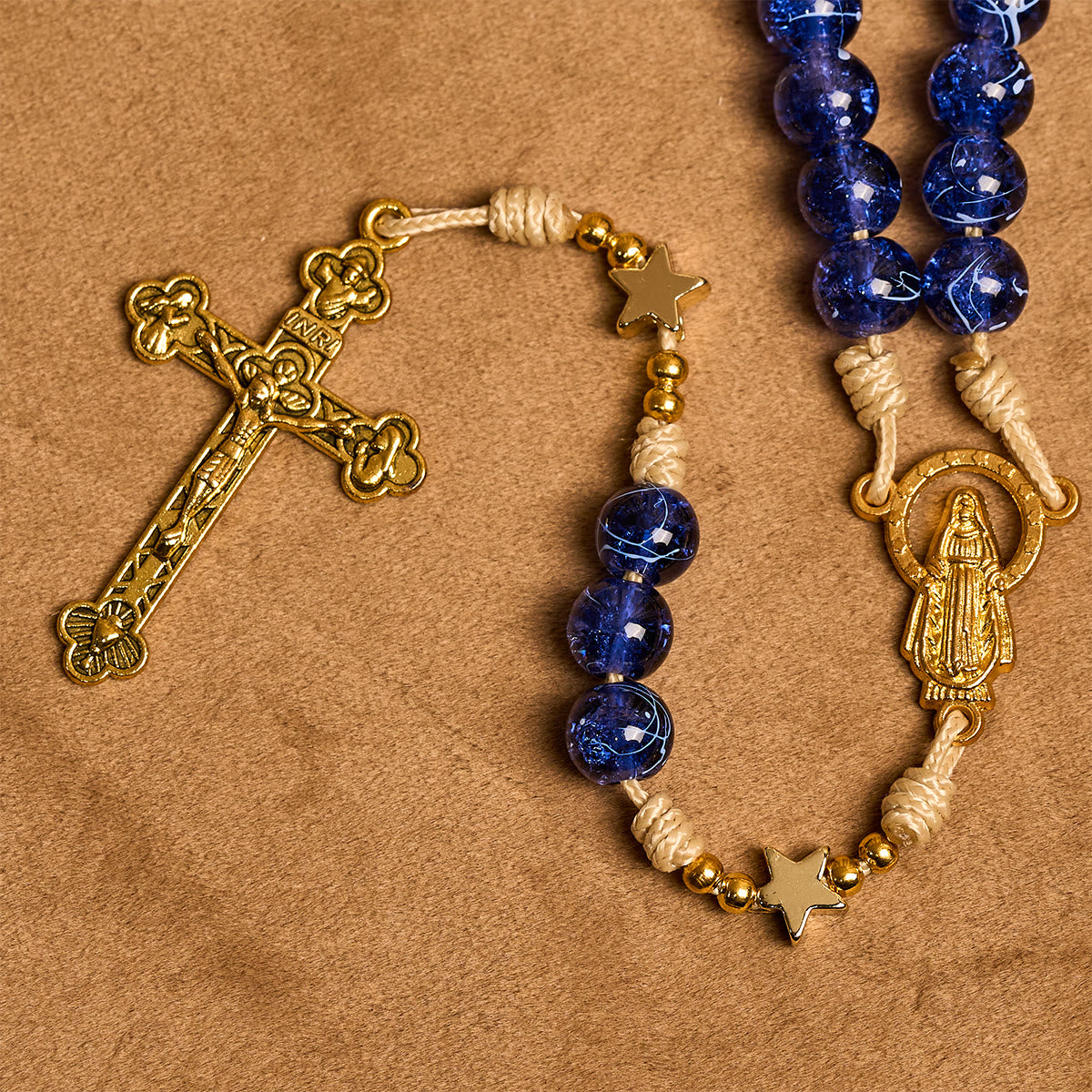 Elegant Blue Bead with Glittering Star Christmas Rosary: Illuminate Holiday Spirit