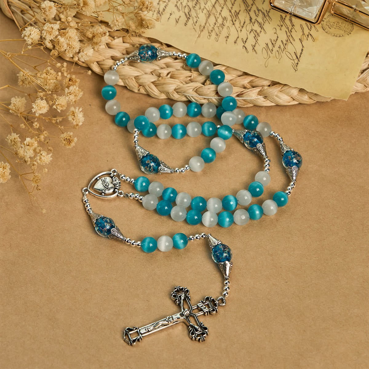Glittering Cat's Eye Stone & Blue Star Glass Rosary with Sacred Heart