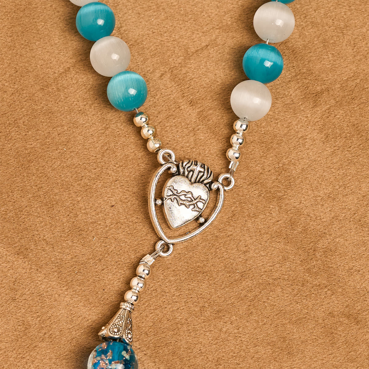 Glittering Cat's Eye Stone & Blue Star Glass Rosary with Sacred Heart