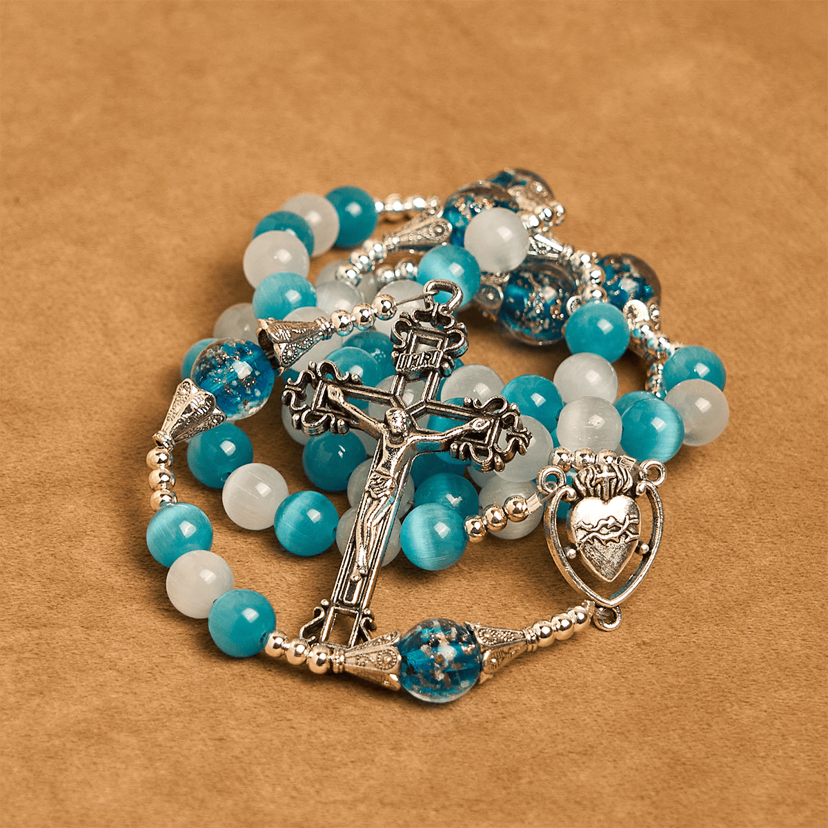 Glittering Cat's Eye Stone & Blue Star Glass Rosary with Sacred Heart