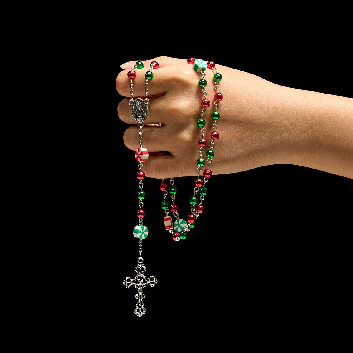 Christmas Gift: Festive Christmas Rosary: Red - Green Beads, Candy Shapes & Crucifix