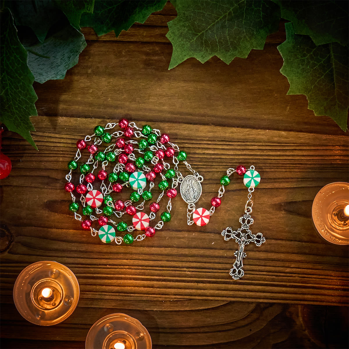 Festive Christmas Rosary: Red - Green Beads, Candy Shapes & Crucifix