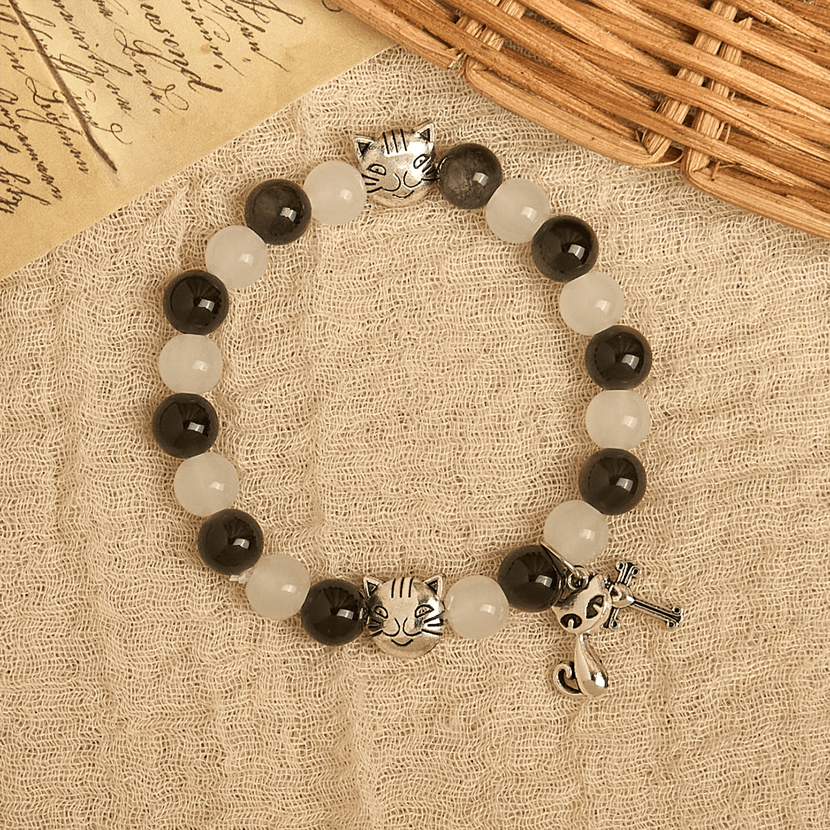 Our Lady's Blessing with Black & White Cow Cat Beads Bracelet, Animal Rosary