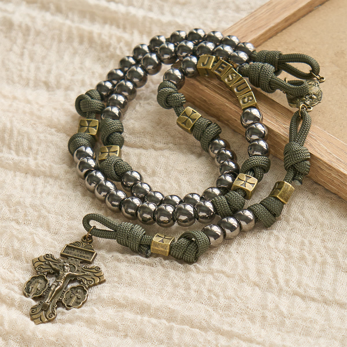 Military - Style Paracord Custom Rosary: Silver-Toned Beads & Brass JESUS